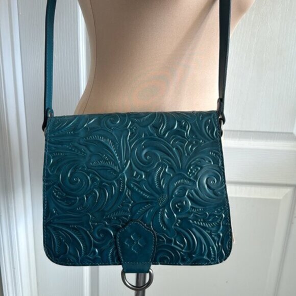 Patricia Nash Ilina Leather Tooled Flap Handbag Blue Coral Crossbody D Ring - Picture 6 of 15